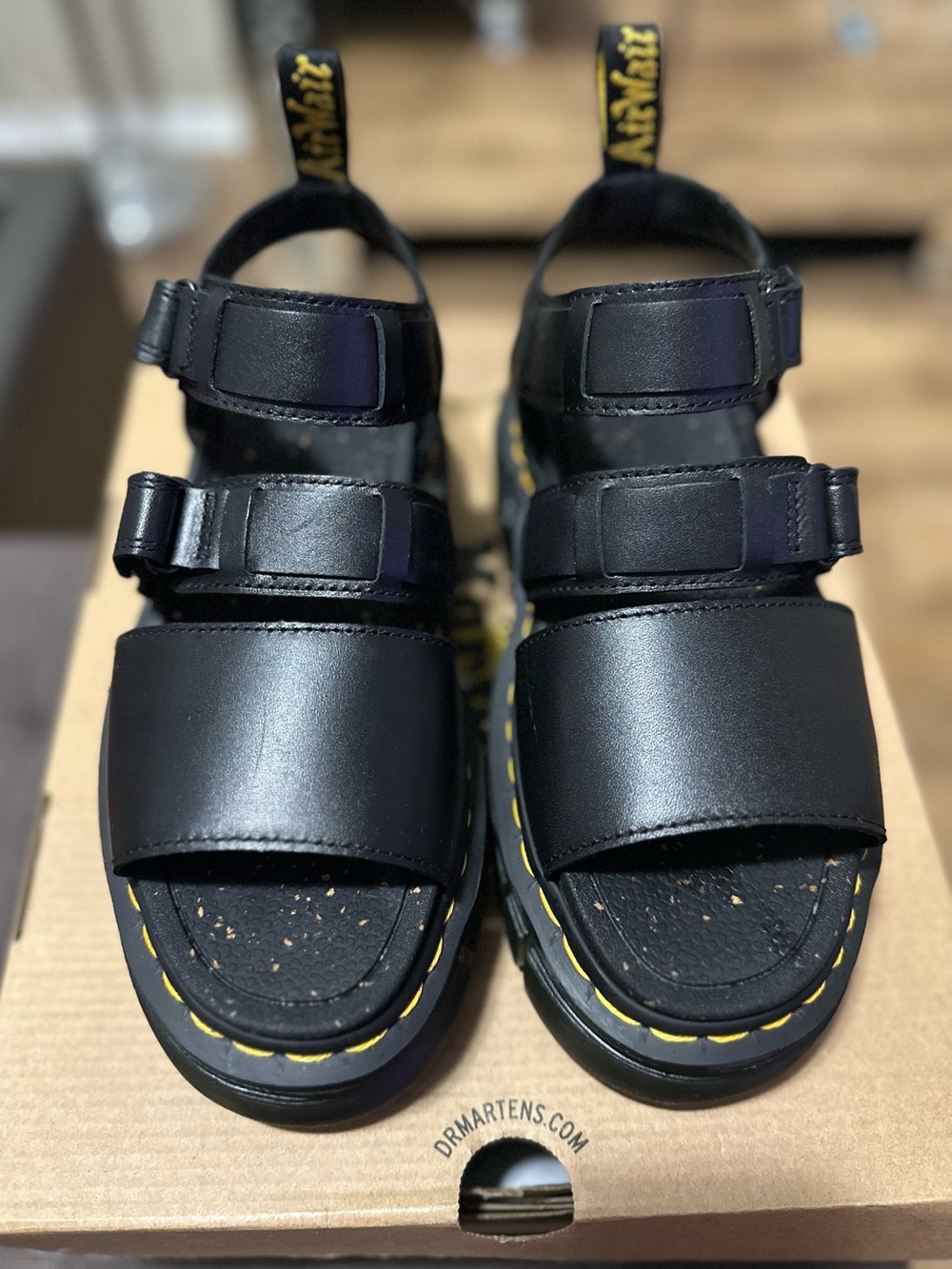 Dr. Martens Women’s Black Leather Triple-Strap Sandals with Yellow Stitching